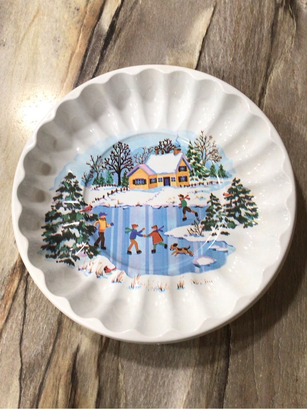 Vintage Berman Industries Winter Ice Skating Serving Bowl Tray USA Holiday Decor